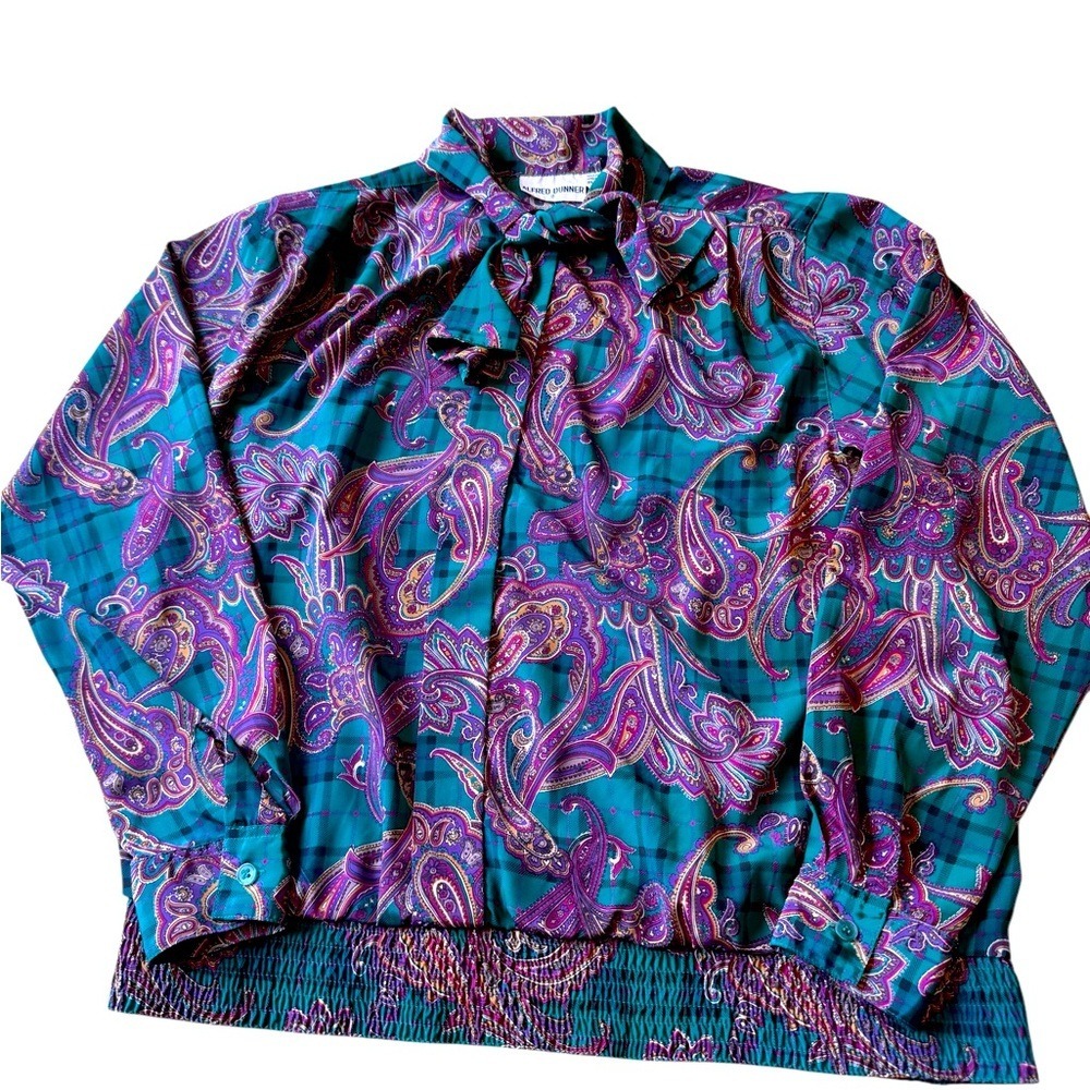 Alfred Dunner Satin Paisley Blouse Green Purple Bow Tie Vintage Top Sz 8 - Picture 4 of 12